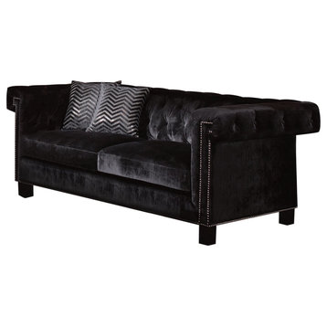 Contemporary Sofa, Black Velvet Seat With Button Tufted Back & Nailhead Trim