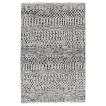 Rustic Gray Grass Design Hand Knotted Undyed Organic Wool Rug, 2'7"x4'1"