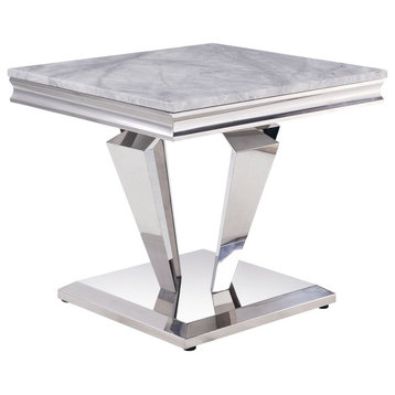 Elegant End Table, Mirrored Design With Unique Pedestal Base & Faux Marble Top