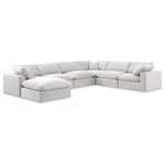 Meridian Furniture - Comfy Upholstered U-Shaped Modular Sectional, Cream, 7-Piece: 3 Armless Chair, 3 Corner Chair, 1 Ottoman, Velvet - Give your space a whole new look with this cream Comfy velvet sectional. This handsome sectional fits nicely with other items in the Comfy collection and is a versatile seating option designed for adaptability, comfort and style. Wrapped in rich cream durable velvet upholstery, this sectional offers a plush embrace of overstuffed down feather cushions, carefully crafted to deliver the highest level of comfort. The perfect seat for creating an oasis for relaxation, this sectional has thick foam surrounding its frame for added support and coziness.