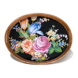 Flower Market Rattan & Enamel Party Tray - Black | MacKenzie-Childs - Serving Dishes And Platters