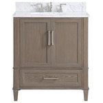 Bemma - Montauk 30" Bathroom Vanity, Light Oak With Carrara Marble, 30" - Montauk's solid wood chamfered legs and framed door fronts showcase an understated silhouette. Its driftwood inspired aged light oak finish is reminiscent of a rustic beach house while the Sherwin Williams Morning Fog Grey and Pure White painted finishes offer a more traditional look. Premium soft-close glides/hinges deliver effortless motion while dovetailed joints provide seamless joinery.  Detailed with brushed nickel accents and unassuming classic lines, the Montauk Bathroom Vanity is a sophisticated yet casual piece. (Faucet not included)