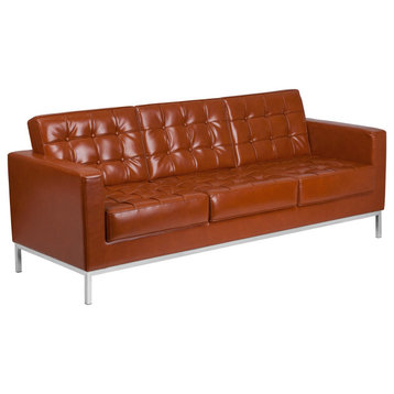 Elegant Sofa, Stainless Steel Base & Faux Leather Seat With Deep Tufting, Cognac