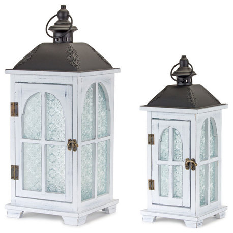 Lantern, 2-Piece Set, 14.5"H & 19.25"H Wood/Metal