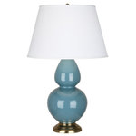 Robert Abbey - Robert Abbey DBL Gourd DUP Brass Accent TL Double Gourd 31" Vase - Steel Blue - Features Constructed from ceramic Includes a pearl dupioni fabric shade Includes an energy efficient Medium (E26) base LED bulb 3 Way switch Manufactured in the United States UL rated for dry locations Dimensions Height: 31" Width: 19" Product Weight: 14 lbs Shade Height: 12" Shade Top Diameter: 13" Shade Bottom Diameter: 19" Electrical Specifications Max Wattage: 150 watts Number of Bulbs: 1 Max Watts Per Bulb: 150 watts Bulb Base: Medium (E26) Voltage: 110 volts Bulb Included: Yes
