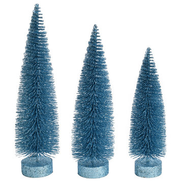 Glitter Oval Pine Artificial Christmas Tree Set of 3 , Baby Blue, 12"-14"-16"