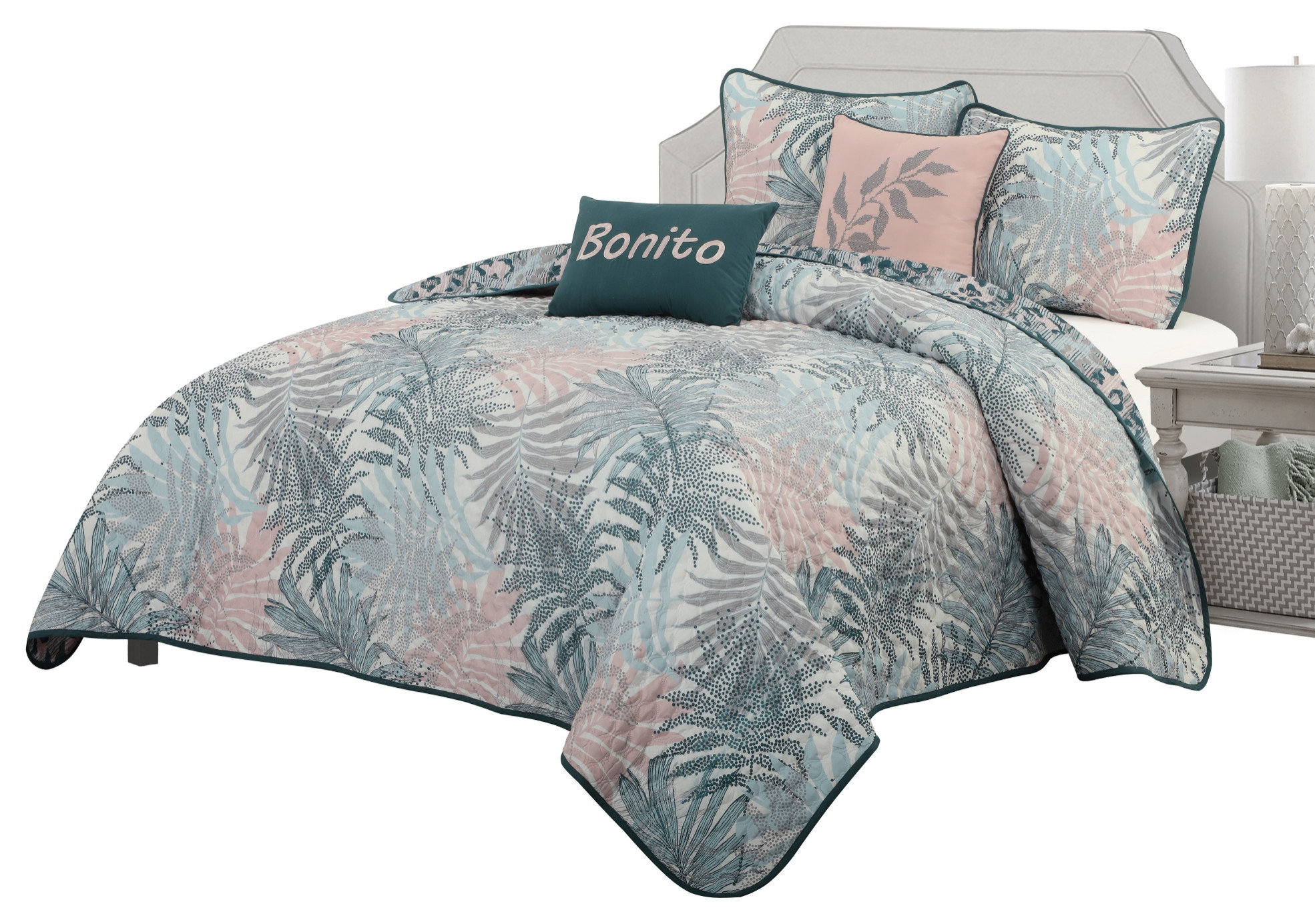 Baylee 5 Piece Blue/Pink Comforter Set, Queen - Tropical - Comforters ...