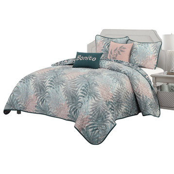 Baylee 5 Piece Blue/Pink Comforter Set, Blue/Pink, Queen