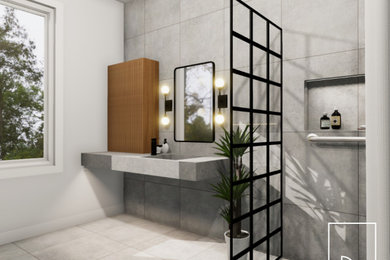 Photo of a large modern master bathroom in Montreal with raised-panel cabinets, dark wood cabinets, an open shower, a wall-mount toilet, gray tile, porcelain tile, white walls, porcelain floors, concrete benchtops, grey floor, a shower curtain, grey benchtops, a single vanity and a floating vanity.