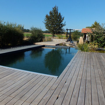 Piscine biologique avec volet immergé sous le plattelage bois