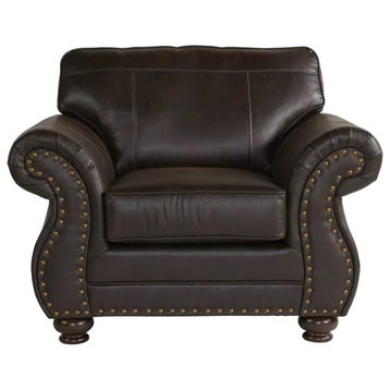 Transitional Accent Chair, Padded Faux Leather Seat With Rolled Arms, Espresso