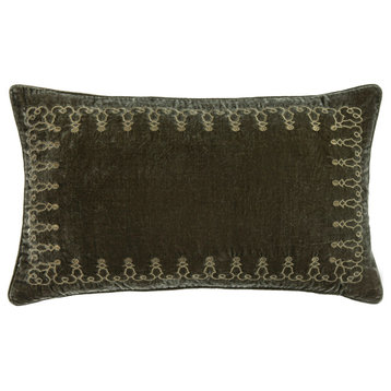 Stella Faux Silk Velvet Embroidered Lumbar Pillow, 14" x 24", Fern Green