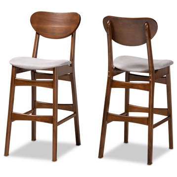 Katya Mid-Century Grey Upholstered and Brown Finished Wood 2-Piece Bar Stool Set