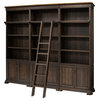 Executive Bookcase Wall With Wood Ladder, Fully Assembled, Brown