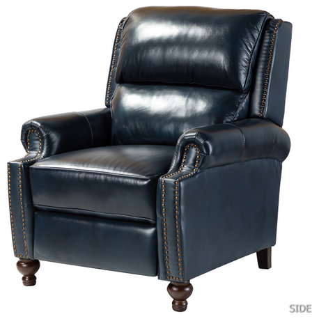 Genuine Leather Cigar Recliner With Nail Head Trim, Navy
