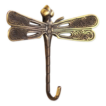 Novica Handmade Golden Dragonfly Bronze Wall Hook