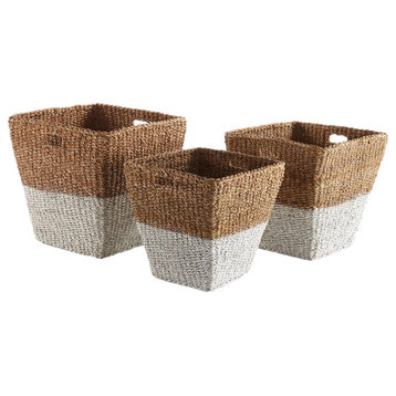 Set of 3 Two Tone Woven Sea Grass Tapered Square Storage Basket White Natural