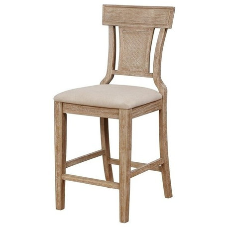 Linon Pacey Wood Upholstered Counter Stool Woven Rattan Seat Back in Greywash