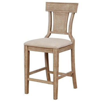 Linon Pacey Wood Upholstered Counter Stool Woven Rattan Seat Back in Greywash