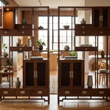 Pair Asian Inspired Asymmetrical Light Brown Shelving Display Cabinet Divider ws