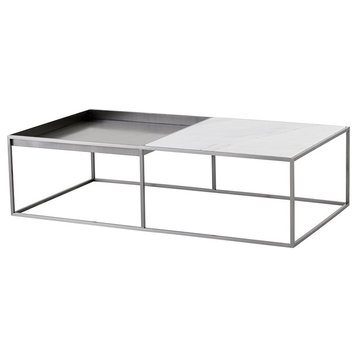 Corbett Rectangle Coffee Table, Brushed Steel Coffee Table, Modern White Marble