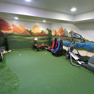 Design ideas for a small traditional fully buried basement in Indianapolis with medium hardwood flooring and multi-coloured walls.