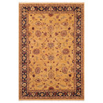 Bareens Designer Rugs - Bohemien Ziegler Silva Gold Blue Hand-Knotted Wool Rug - 6'0'' x 8'9'' - Enhance the ambiance of your home with this magnificent Persian-influenced Turkish hand-knotted rug made by skilled artisans capable of creating the most exceptional vegetable dyes and hand-spun wool. This exquisite handmade rug is a one-of-a-kind Peshawar Kafkaz, otherwise identified as Chobi, Chobi Peshawar, Oushak, or Ziegler rug. These handmade rugs are crafted in Pakistan utilizing superior-quality wool imported from Australia, New Zealand, and Korea in two types of weaves: the Persian weave and the Mori weave. This rug is meticulously crafted by hand using the finest natural vegetable dyes extracted from local plants. The artisans use a blend of hand-spun local and fine merino wool, resulting in a rug with a compelling texture, higher lanolin content, and longer staple. The artisans occasionally incorporate natural or artificial silk into the pile to enhance specific motifs. The finished product is an awe-inspiring execution of flawless design and an understated palette that exudes elegance.