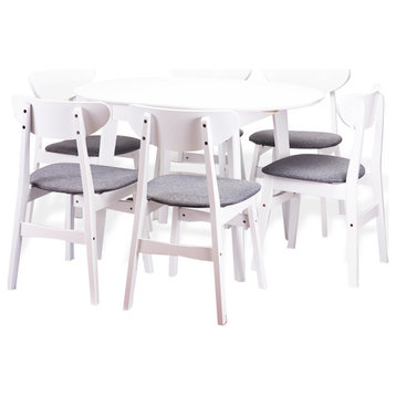 Dining Room Set of 6 Yumiko Chairs and Round Extendable Table Solid Wood, White