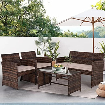 4 Pieces Outdoor Patio Furniture Sets Rattan Set Wicker Chairs Porch Poolside