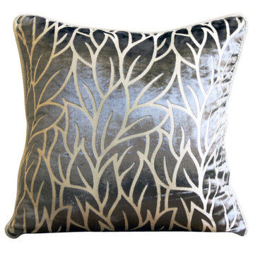 Leaf Design Gray Burnout Velvet 16"x16" Throw Pillow Cover, Paloma Gray Leaves