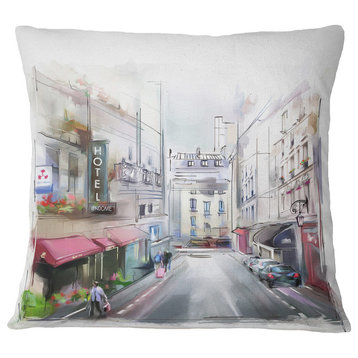 City Street Illustration Cityscape Throw Pillow, 18"x18"