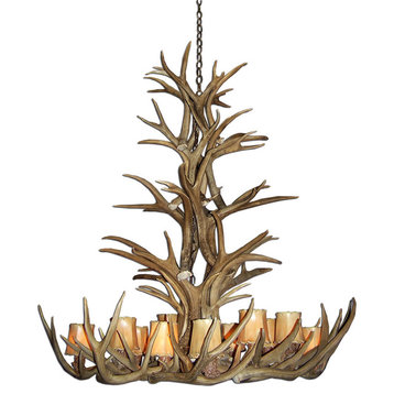 Mule Deer Tall Spruce Antler Chandelier Light, Extra Large, Parchment Shades