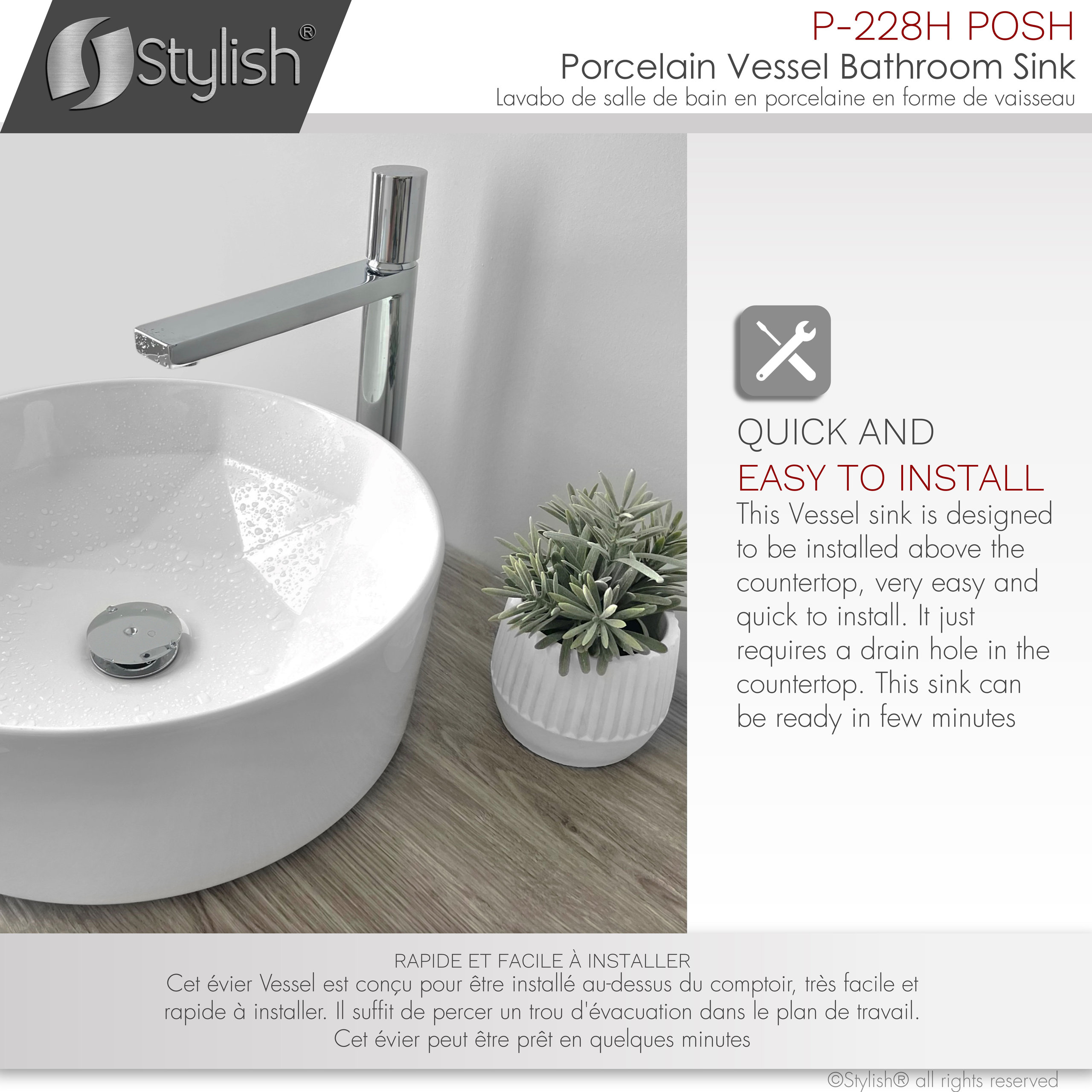 STYLISH Porcelain Round 15-3/4-inches Vessel Ceramic Bathroom Sink White