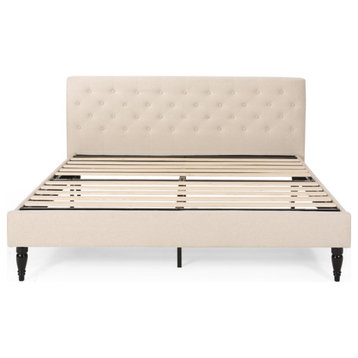 Winston Contemporary Upholstered King Bed Platform, Beige/Black