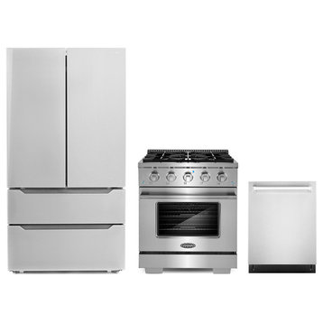 3PC Package with 30" Gas Range, 24" Dishwasher & French Door Refrigerator