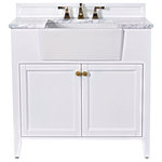 Ancerre Designs - Adeline Vanity Set, White, 36", Single Sink - You just can't take your eyes off our Adeline Collection. It conveys understated elegance that resonates the rich history of the farmhouse sink period. The large farmhouse sink is not only aesthetically pleasing, but also functional for your everyday use. In crafting the Adeline collection, no detail was overlooked - from selecting quality wood to using the most durable soft-close hardware. The vanity set includes: a furniture style cabinet, a farmhouse basin, an imported Italian Carrara white marble top, a 4" solid wood backsplash, solid wood dovetailed drawer boxes, slow closing doors/drawers, and satin brushed gold hardware. Being meticulously crafted, the Adeline Collection will be cherished by your family for generations to come.