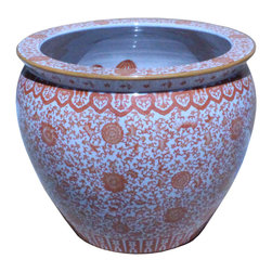 Chinese Oriental Vintage Porcelain Orange Floral Graphic Pot - Indoor Pots And Planters