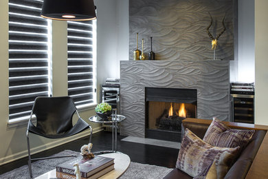 Small minimalist open concept dark wood floor and brown floor living room photo in Chicago with beige walls, a standard fireplace and a tile fireplace