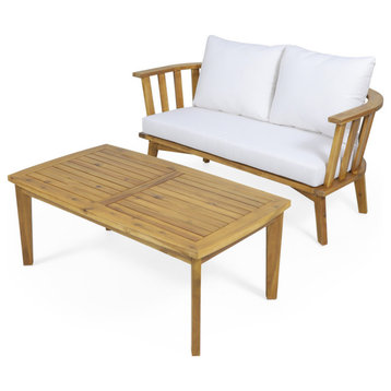 Allan Outdoor Wooden Loveseat and Coffee Table Set