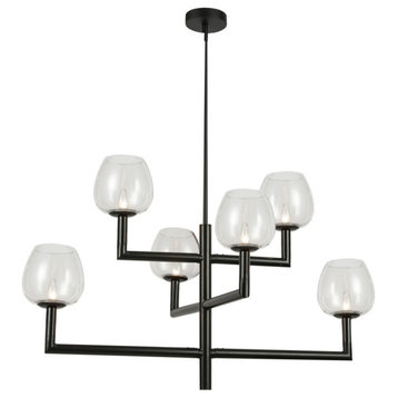 6-Light Contemporary Lantern Chandelier Nora, Matte Black With Clear Glass