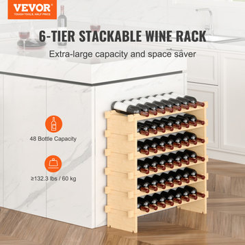 VEVOR Stackable Modular Wine Rack Bamboo Wood Display Shelf, 6 Tier, 48 Bottle