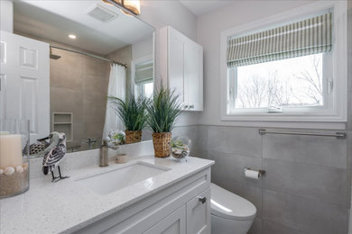 Minimalist master gray tile porcelain tile and gray floor tub/shower combo photo in Toronto with white cabinets, a one-piece toilet, gray walls, an undermount sink, quartzite countertops and a niche