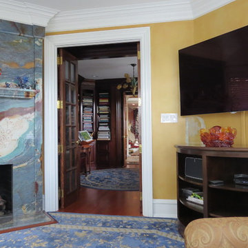 the office had another unique stone fireplace.