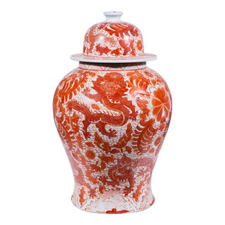 Coral Pink Orange Off White Flowers Fishes Graphic Round Ceramic Jar ws1142S Coral Pink Orange Off White Flowers Fishes Graphic Round Ceramic Jar ws1142S
