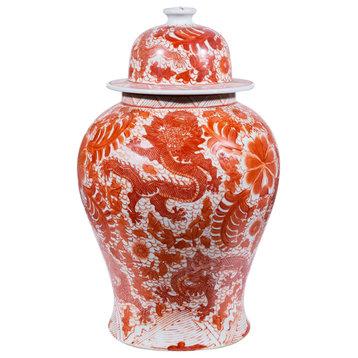 Orange Temple Jar W/ Dragon & Floral Motif