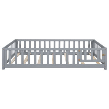 Gewnee Full Size Floor Platform Bed with Fence and Door, Grey