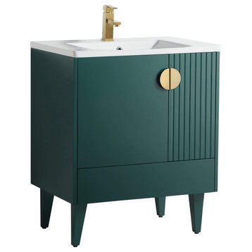 Venezian Single Bathroom Vanity, Green, 30", Satin Brass Handles, One Sink