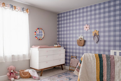 Nursery - mid-sized 1960s gender-neutral carpeted and wallpaper nursery idea in Seattle with gray walls