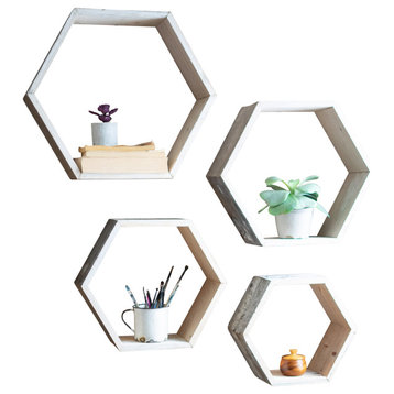 4-Piece Set White Washed Recycled Wood Hexagon Floating Wall Shelf