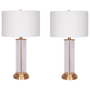 Glass, Set of 2, 26"H, Clear Cylinder Table Lamps, Gold